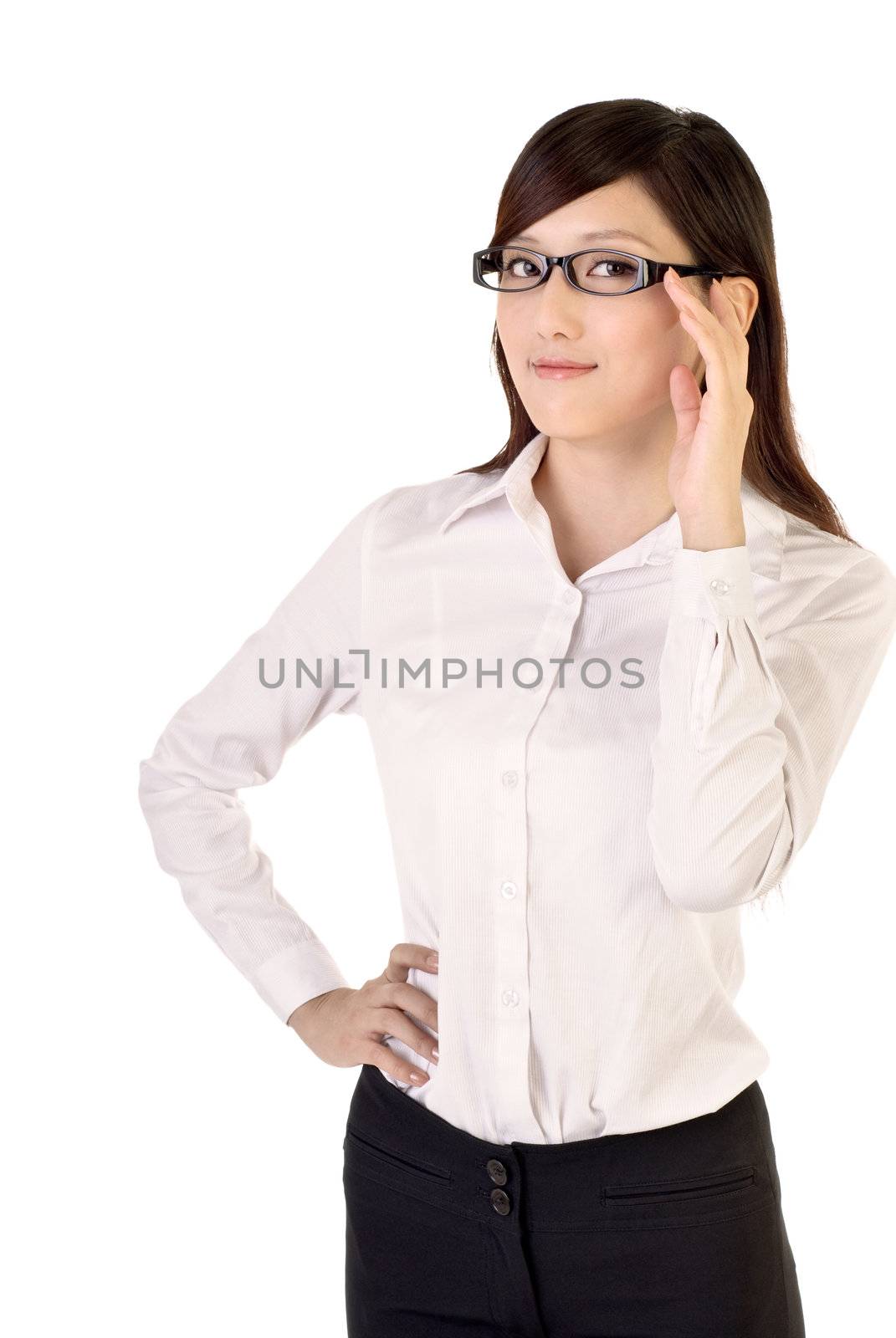 Smart business woman portrait with glass on white background.