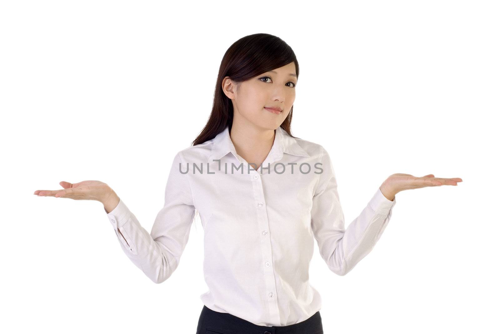 Worried business woman open arms on white background.