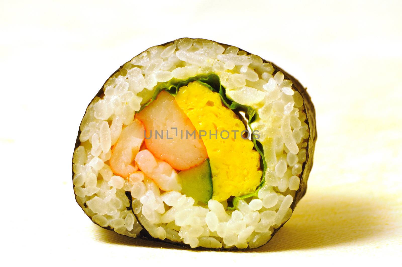close-up shot of traditional fresh japanese sushi roll on the white background