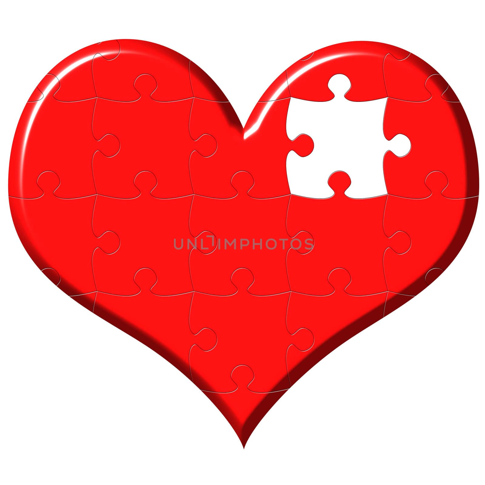 3d heart puzzle with missing piece isolated in white