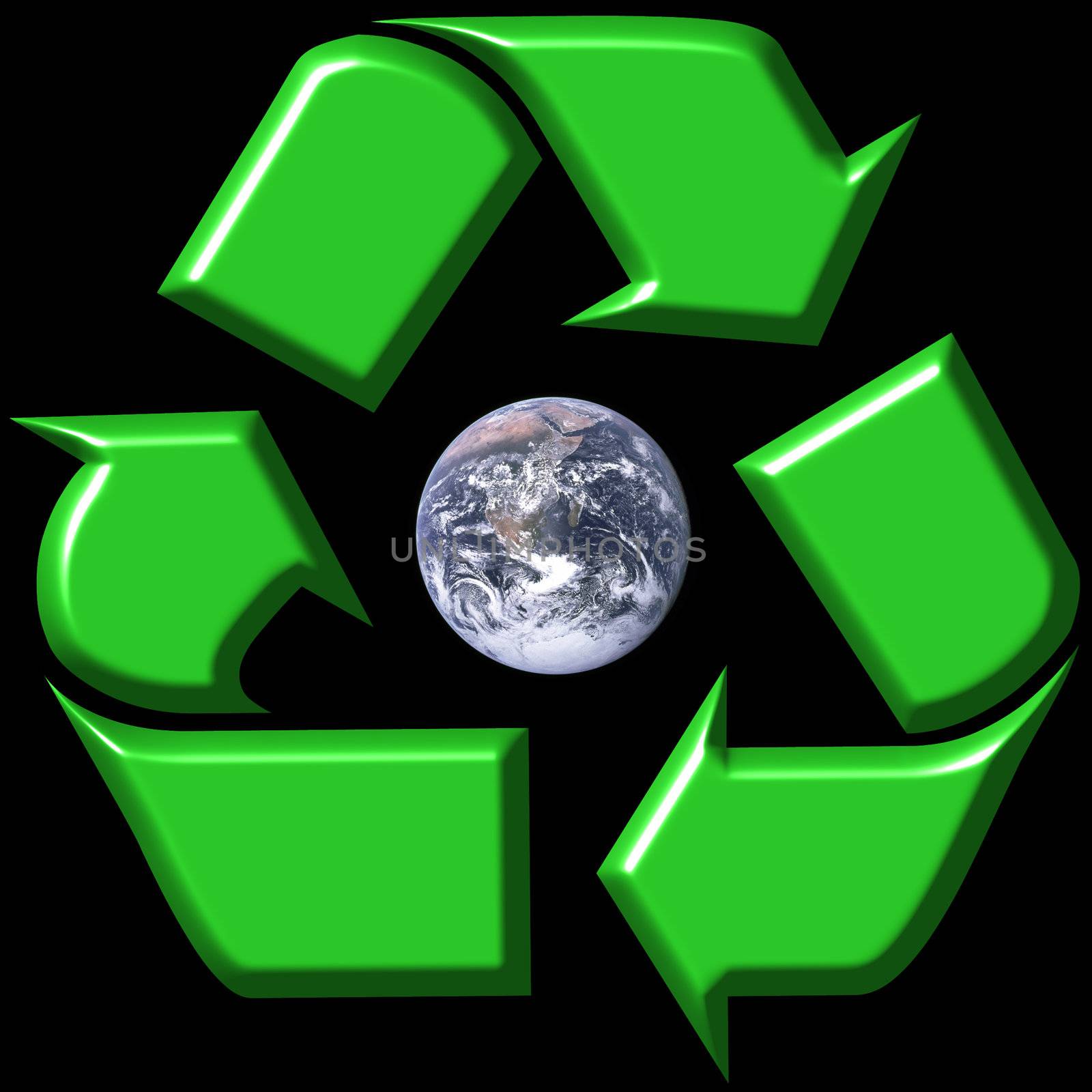 Recycling symbol surrounding earth and isolated in black