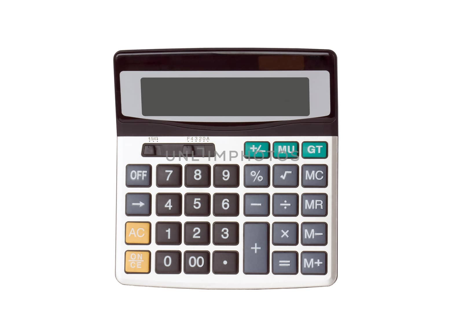 Modern electronic calculator, isolated on a white background.