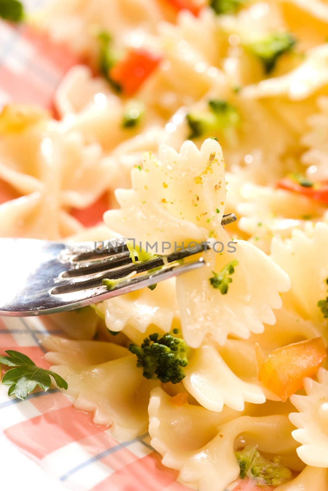 Macro picture of appetizing pasta with vegetables