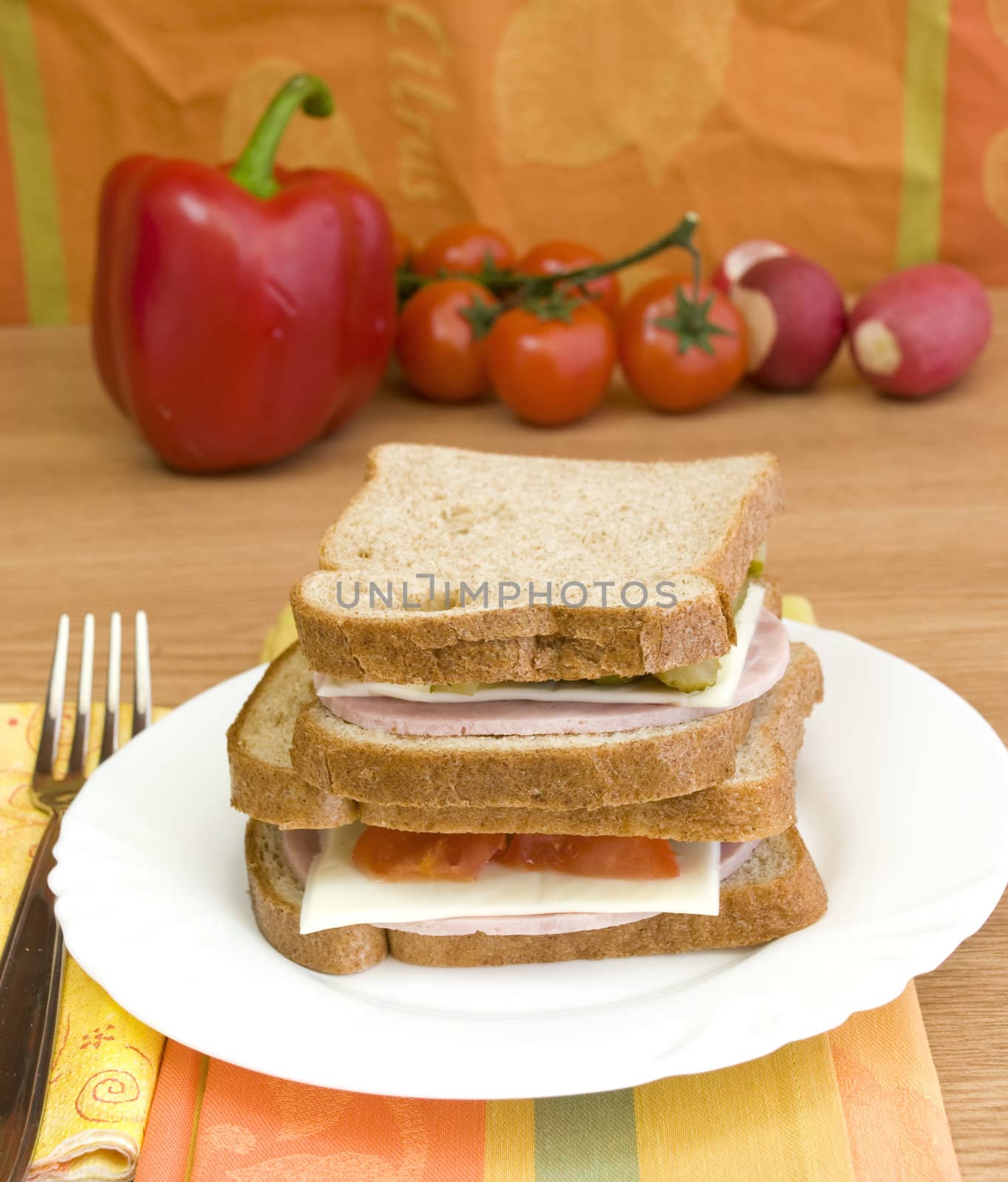 diet bread, ham, cheese and vegetables