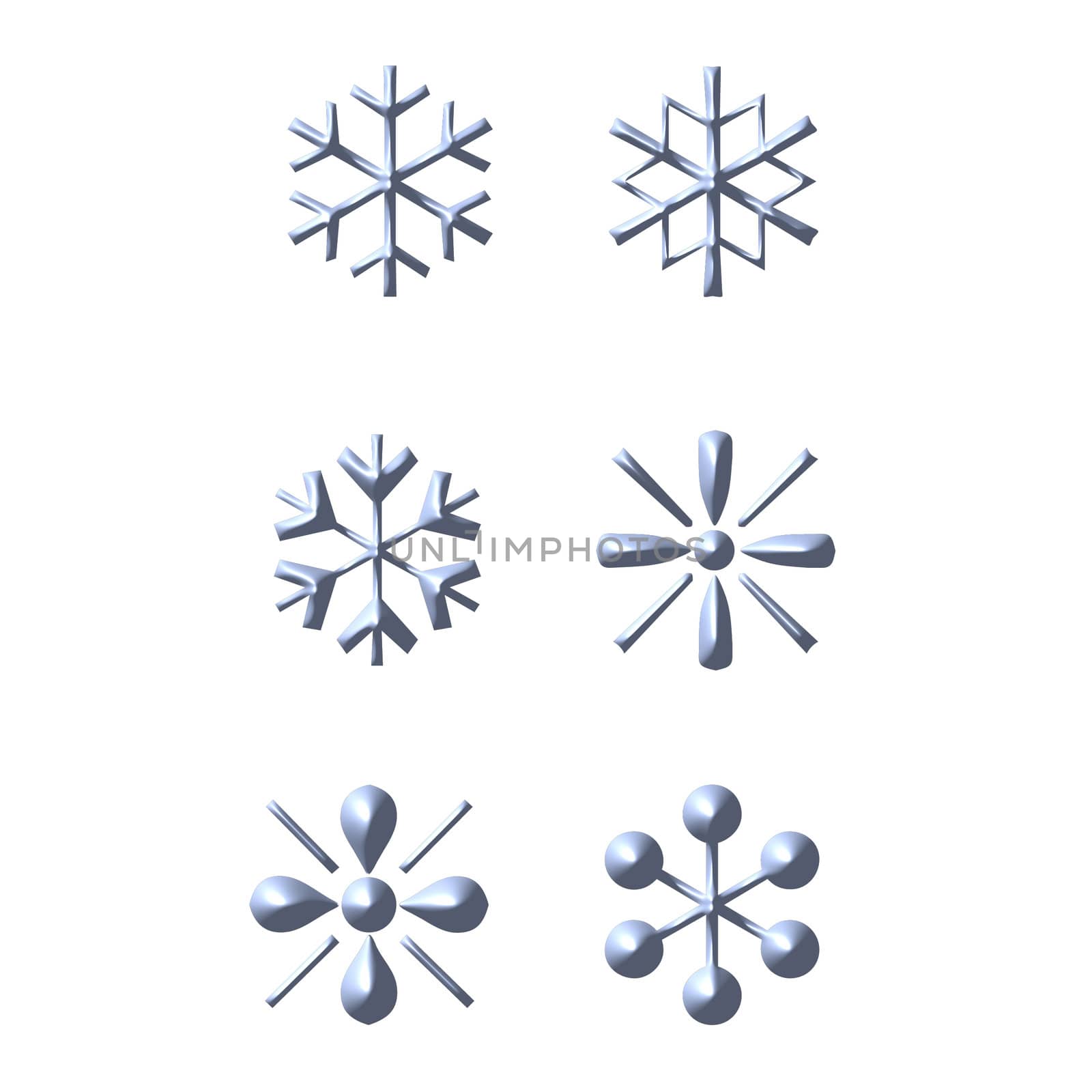 3d snow flakes isolated in white