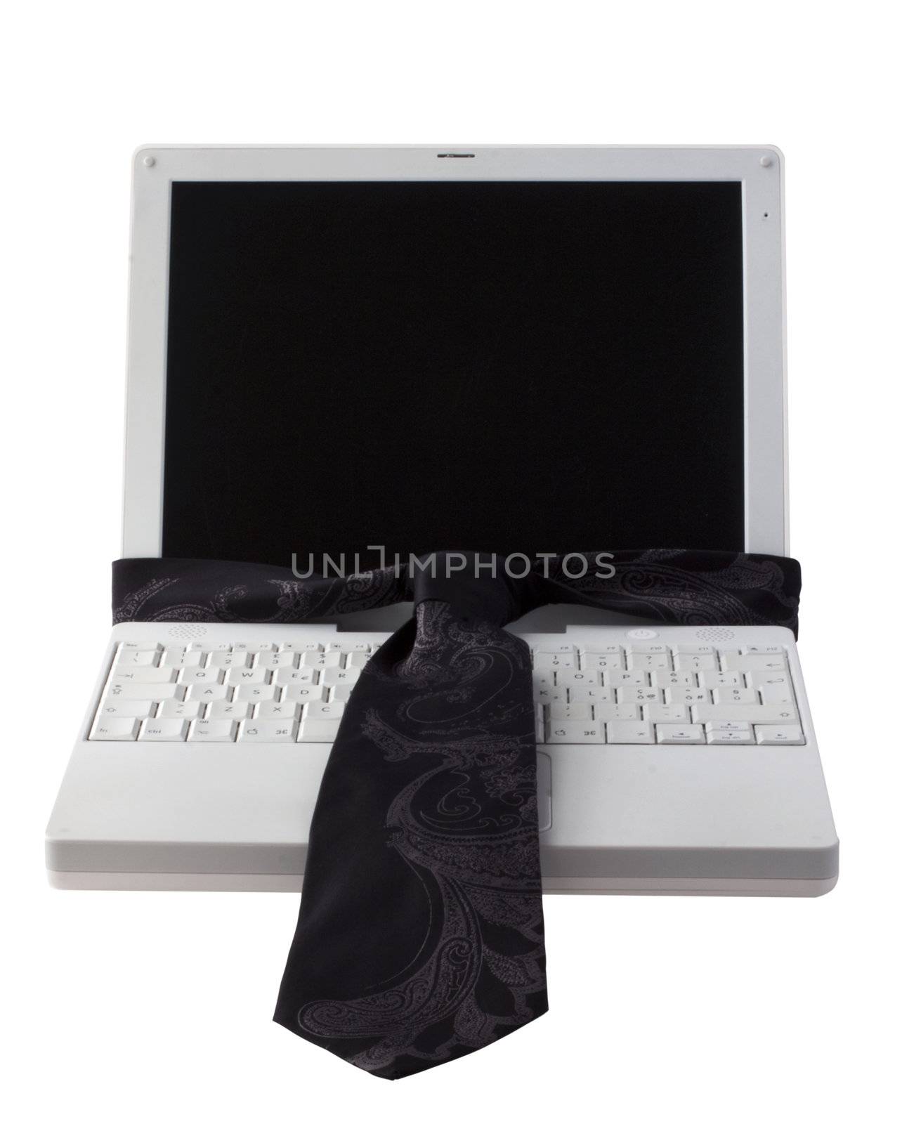 White laptop with a black tie around over white background