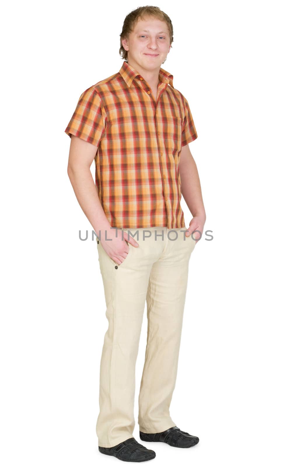 Portrait of the guy in a checkered shirt on white background