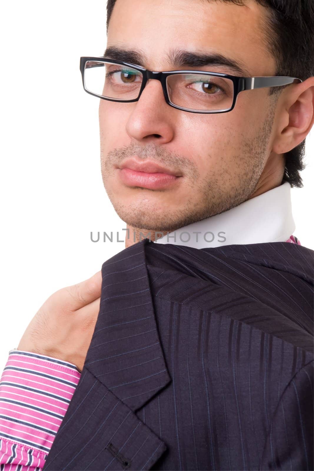 sad man with glasses on a white background