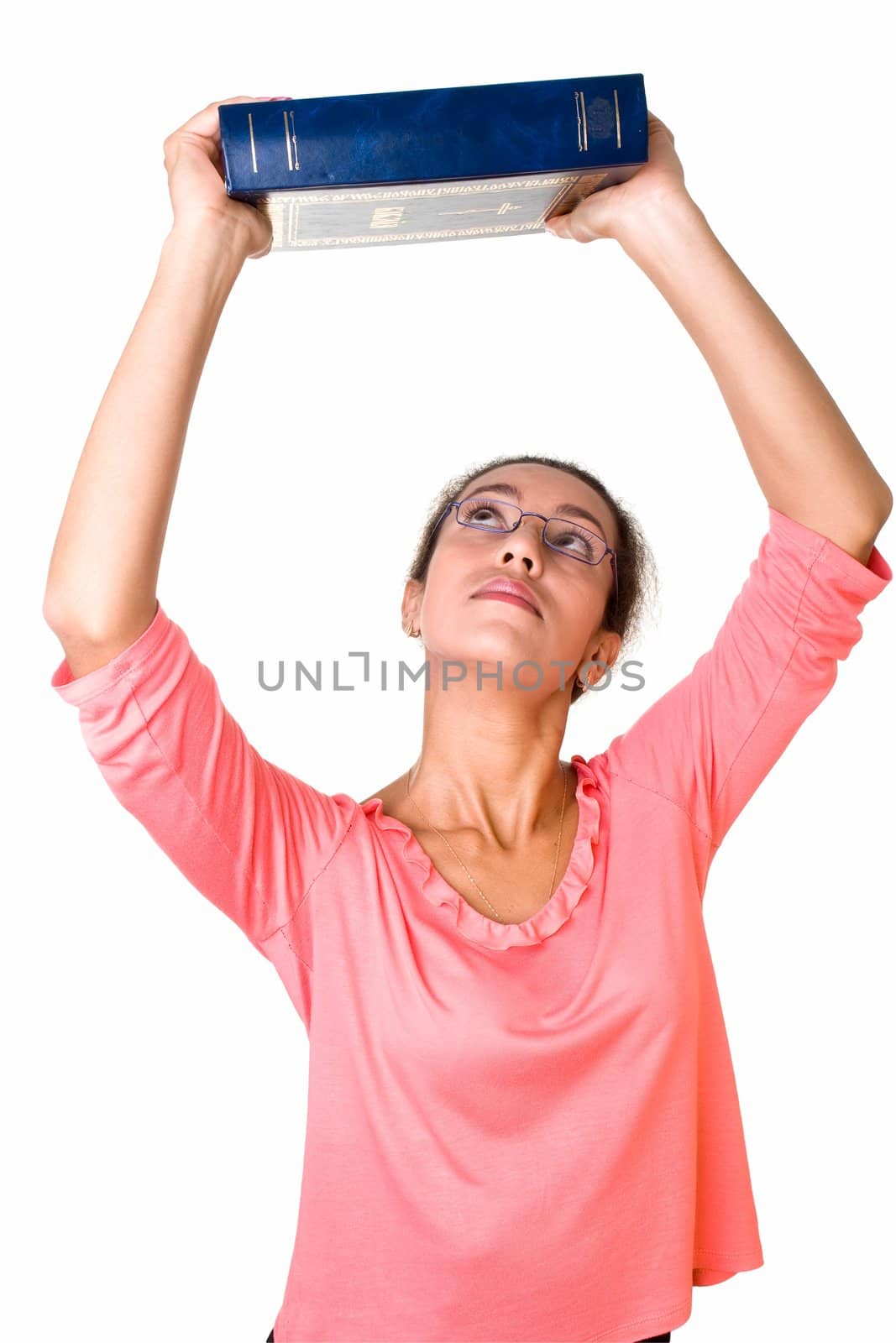 Charming student  with thick book on a white background.