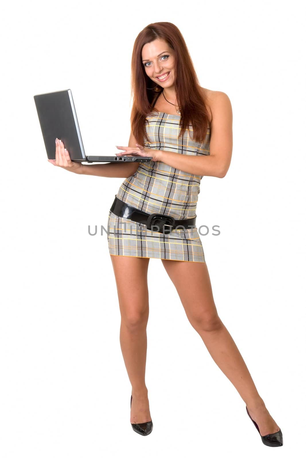 charming student with laptop on a white background