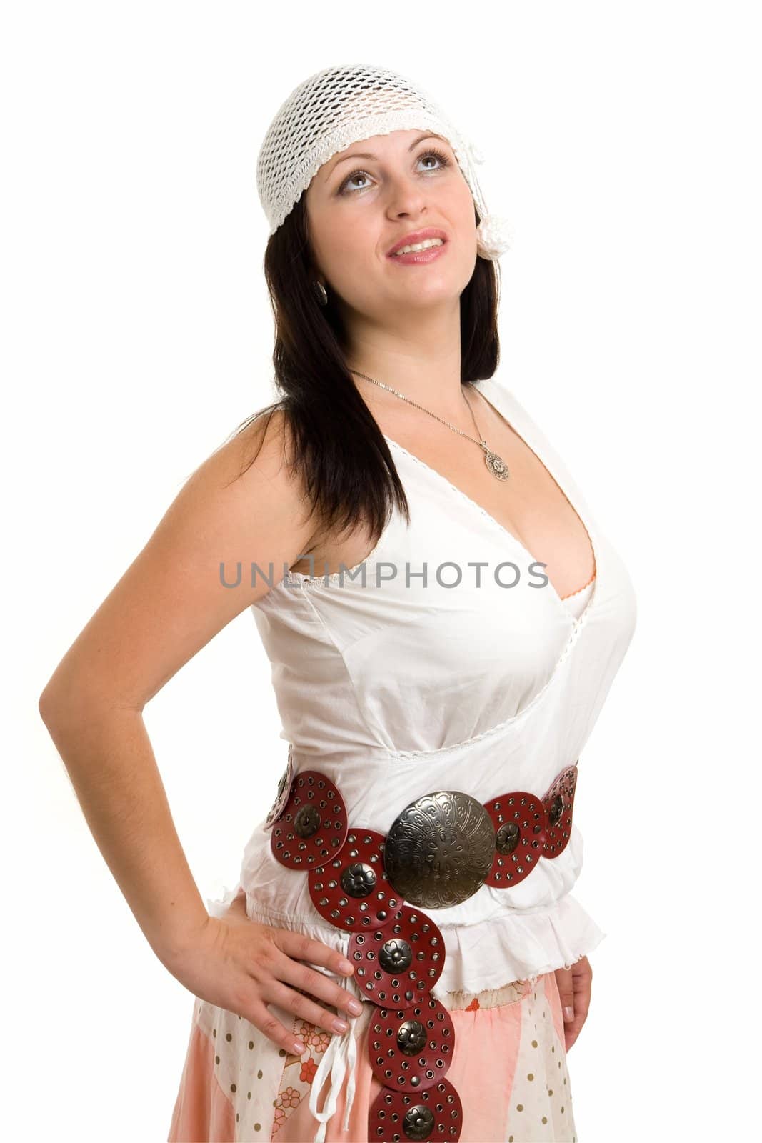 woman in dress of folksy cut on a white background