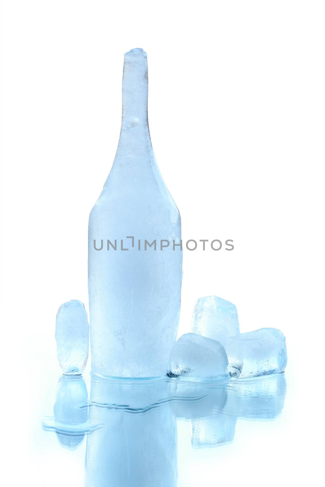 Bottle made from ice and ice cubes isolated on white background with clipping path