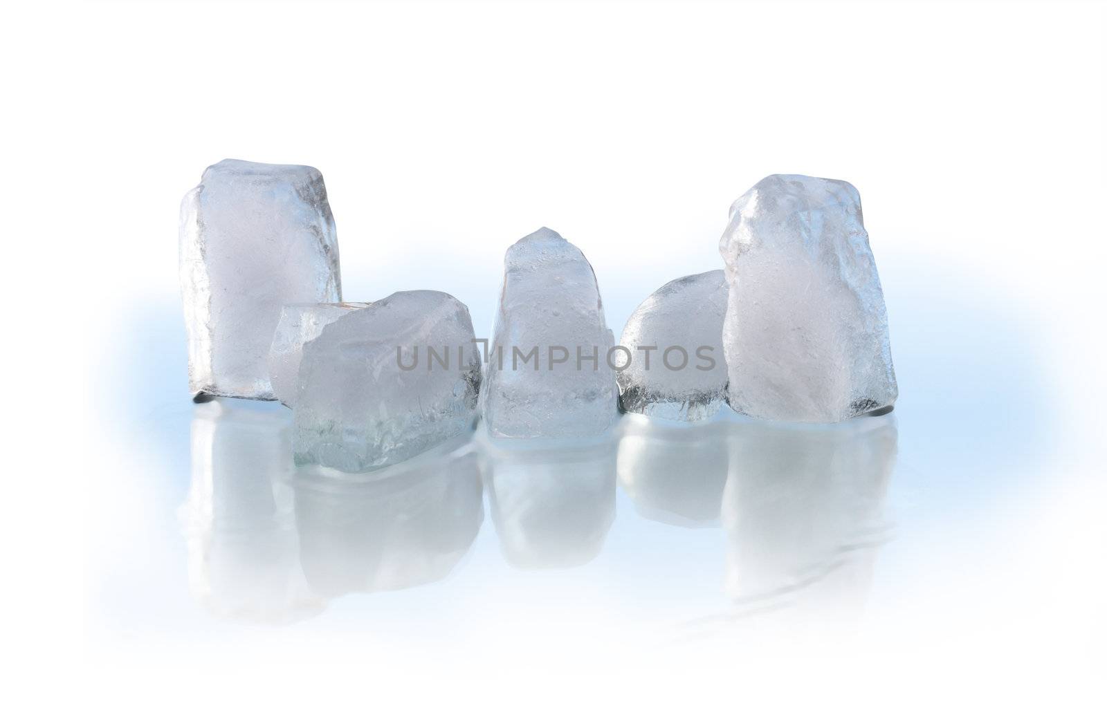 Few ice cubes with reverberation. Isolated on white with clipping path