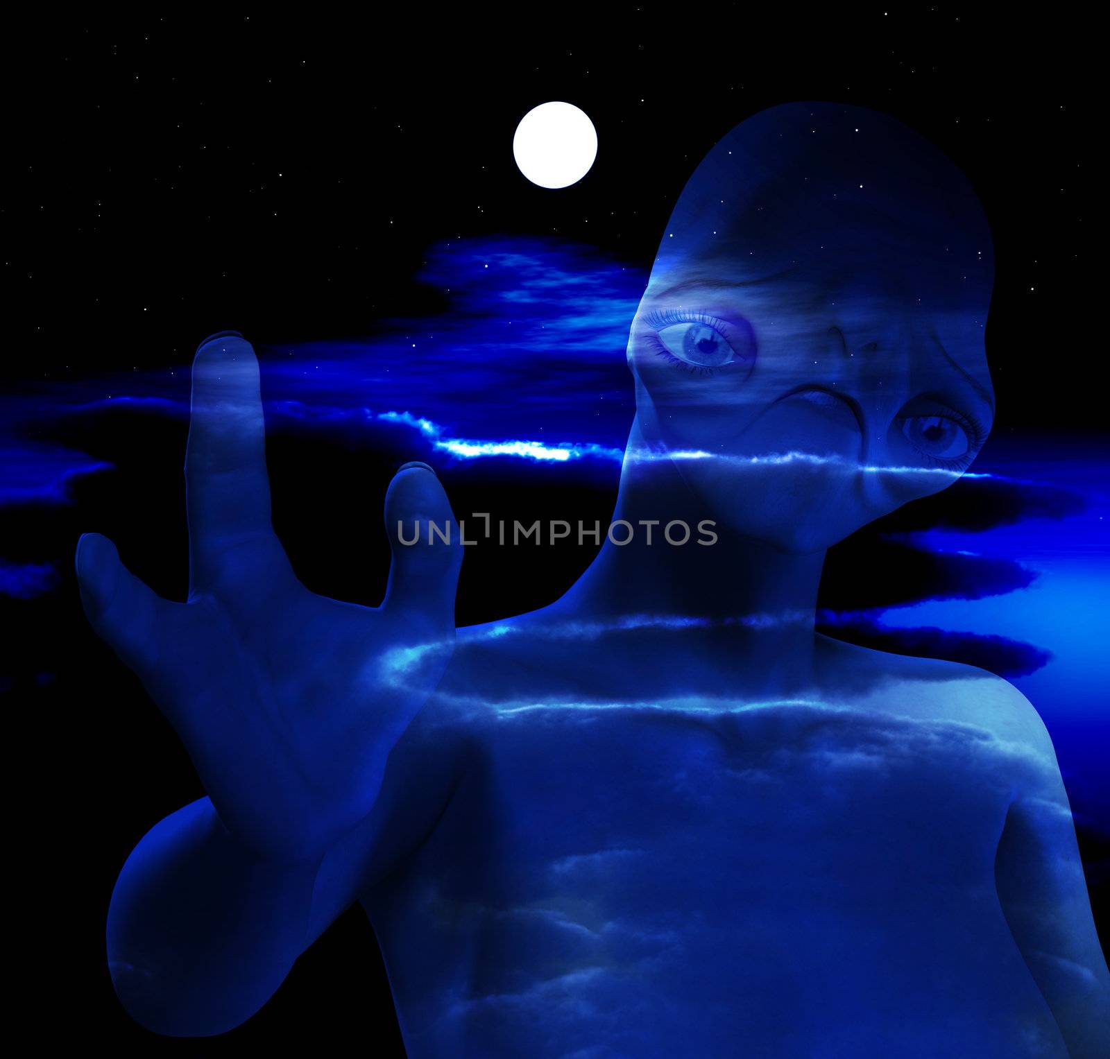 An alien against a cloudy moonlit nightime sky.