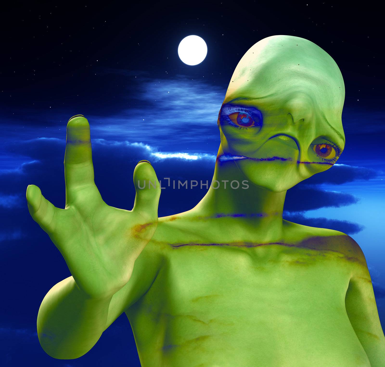An alien against a cloudy moonlit nightime sky.