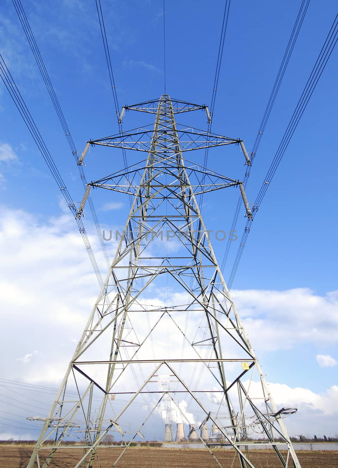View of electricity pylon with power lines