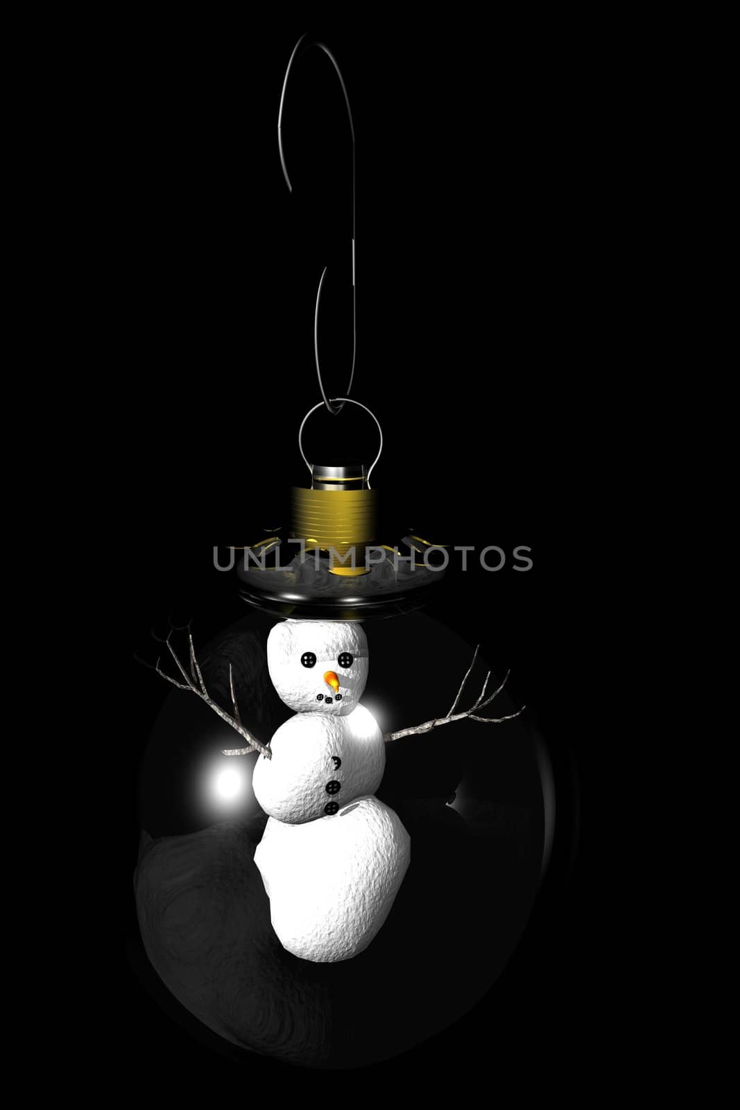 A snowman suspended in a glass Christmas tree ornament and isolated on a black background.