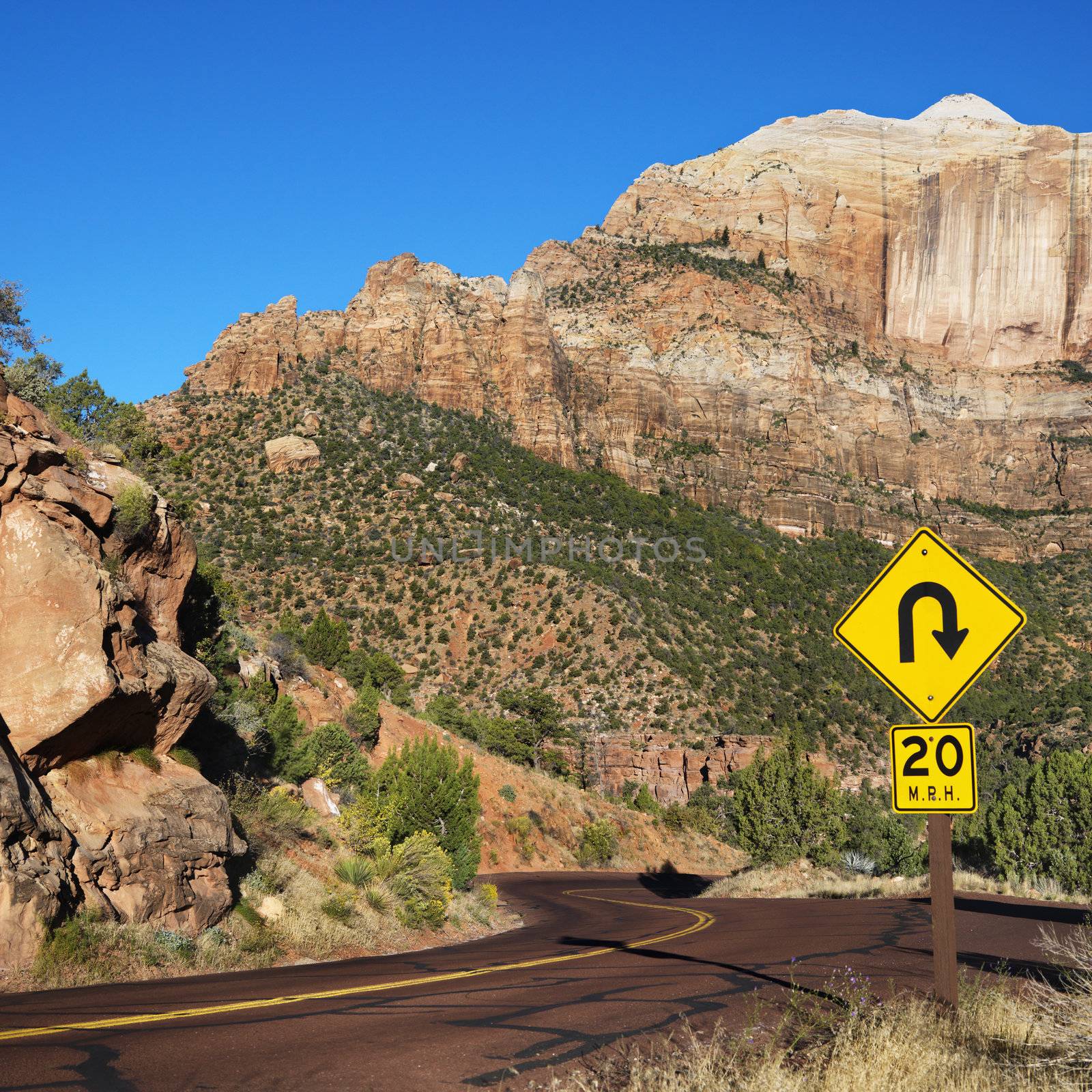 Curve caution sign on two lane road winding through rocky desert cliffs in Zion National Park, Utah.