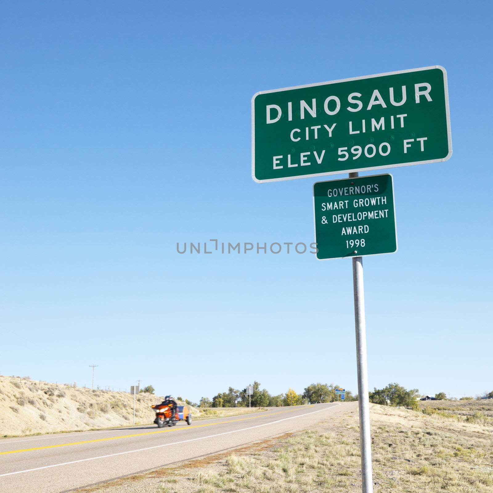 City limit sign for city of Dinosaur, Colorado, USA.