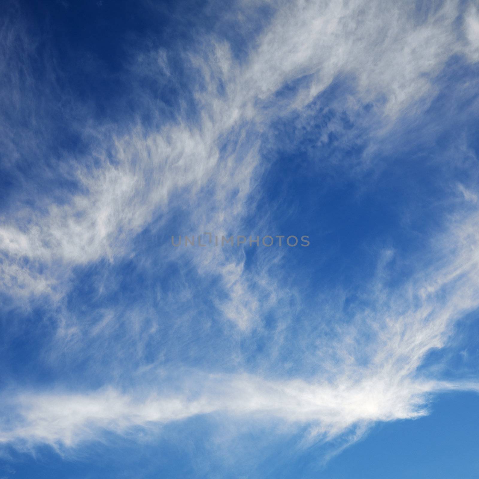 Wispy cloud formations against clear blue sky.