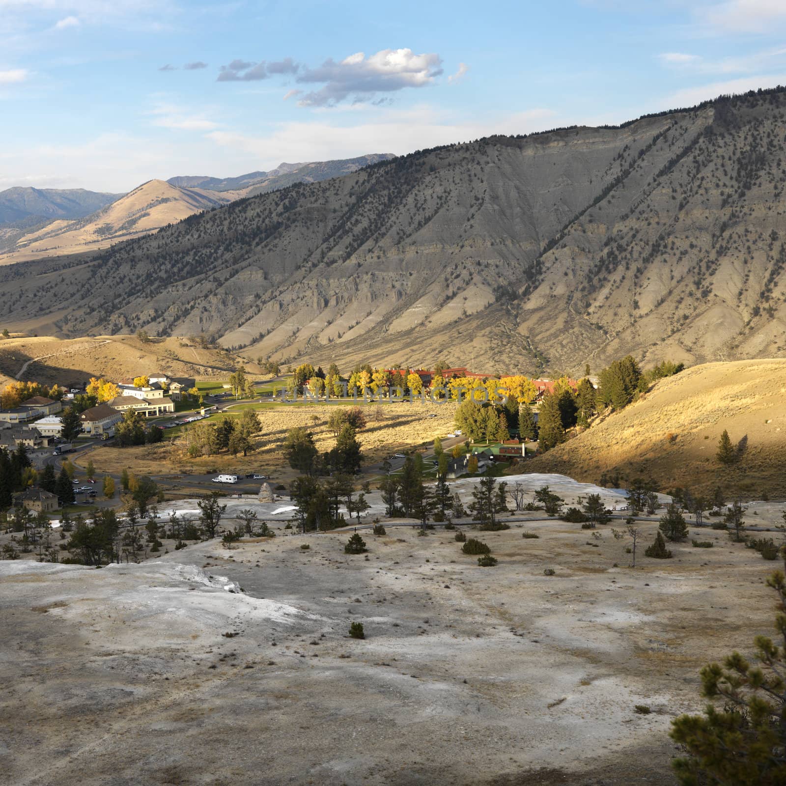 Landscape of valley and mountains at Yellowstone National Park, Wyoming.