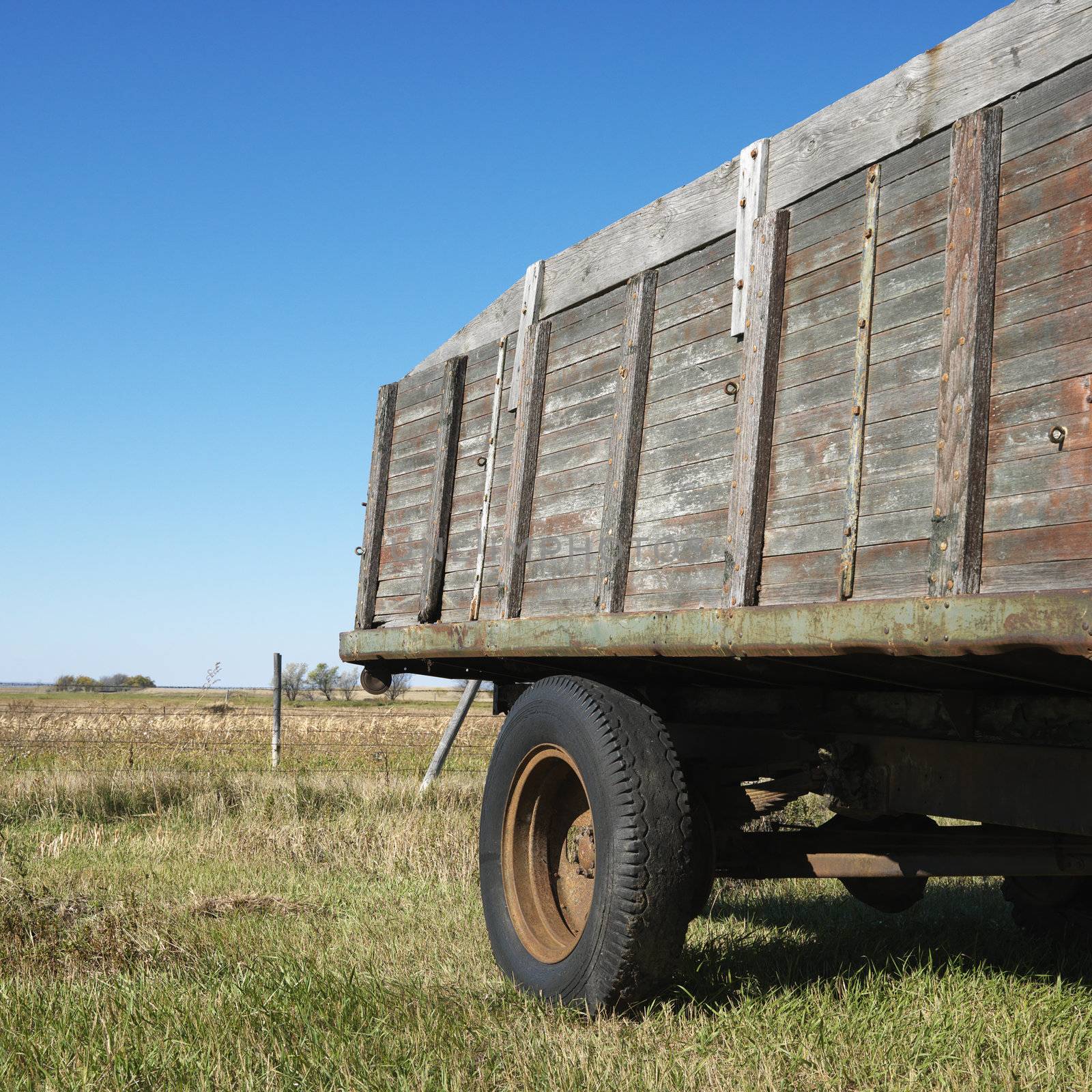 Back end of old wooden trailer in field,
