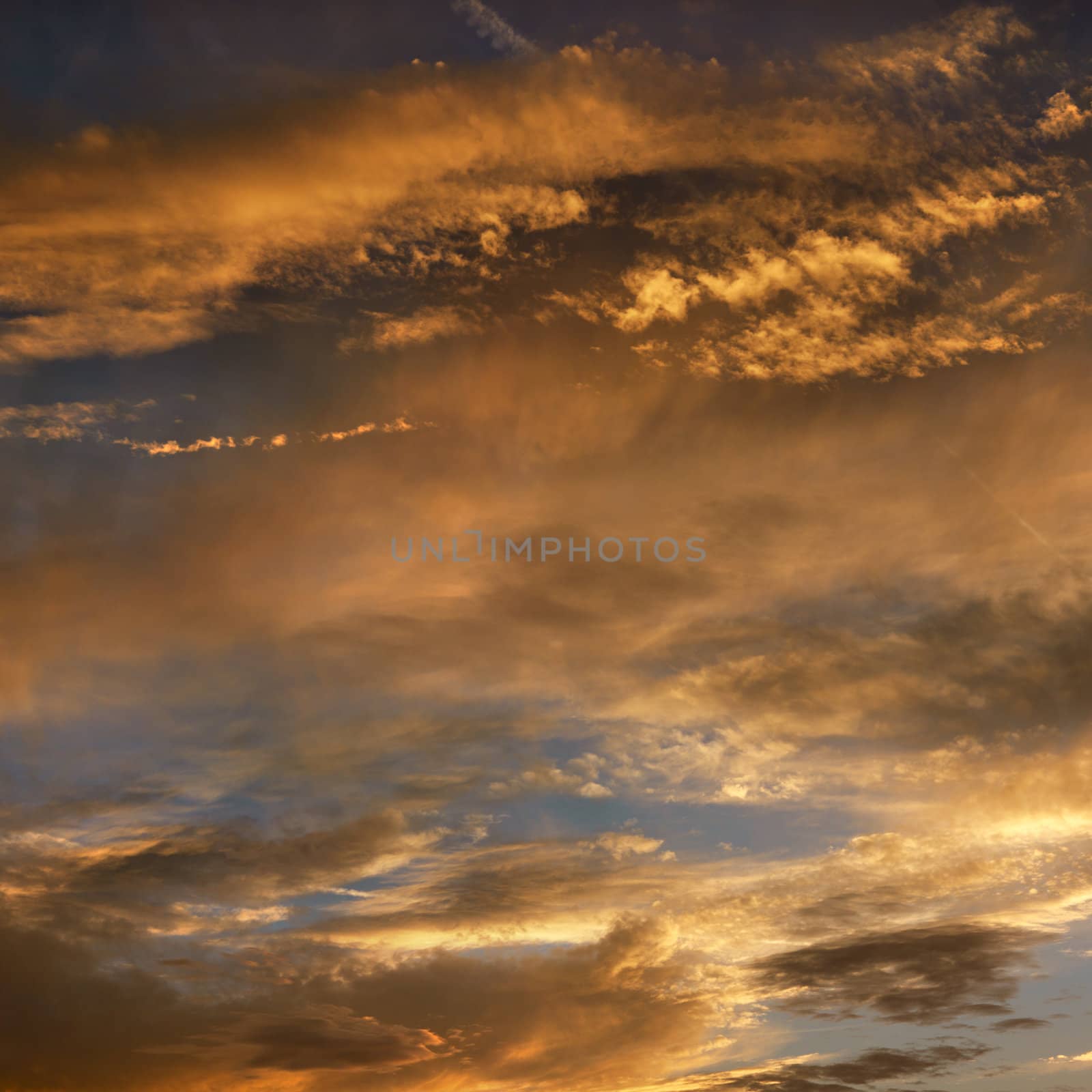 Golden clouds in sky with sunset.