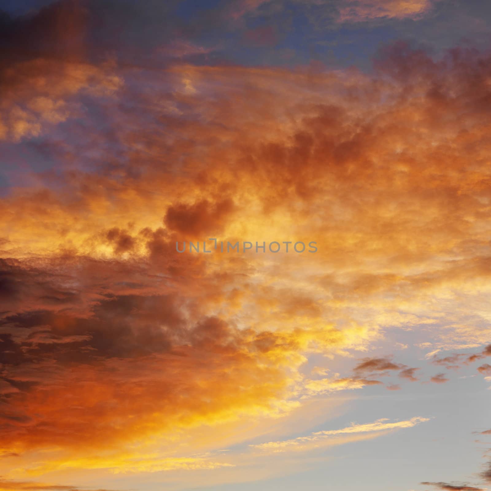 Orange clouds in sky with sunset.