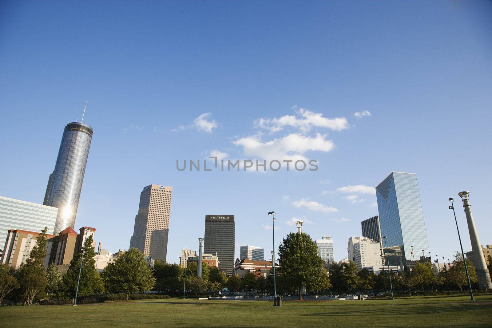 Skyline behind Centennial Olympic Park in downtown Atlanta, Georgia.