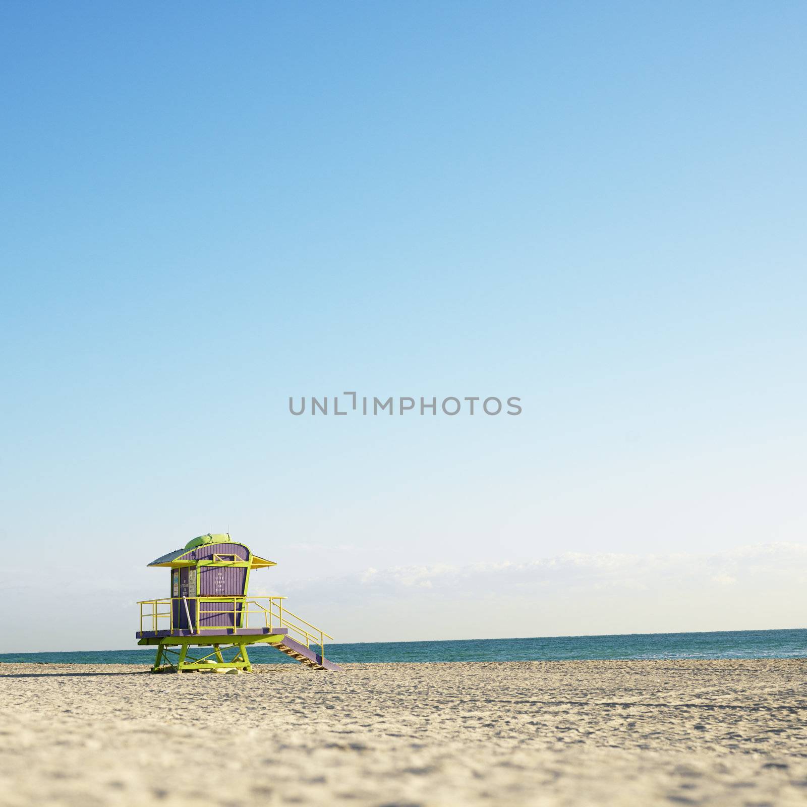 Art deco lifeguard tower on deserted beach in Miami, Florida, USA.