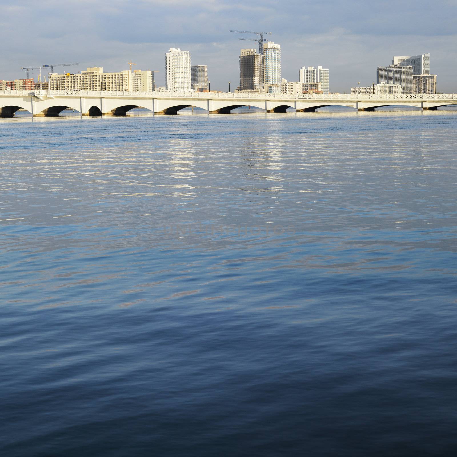 Waterfront skyline with bridge in Miami, Florida, USA.