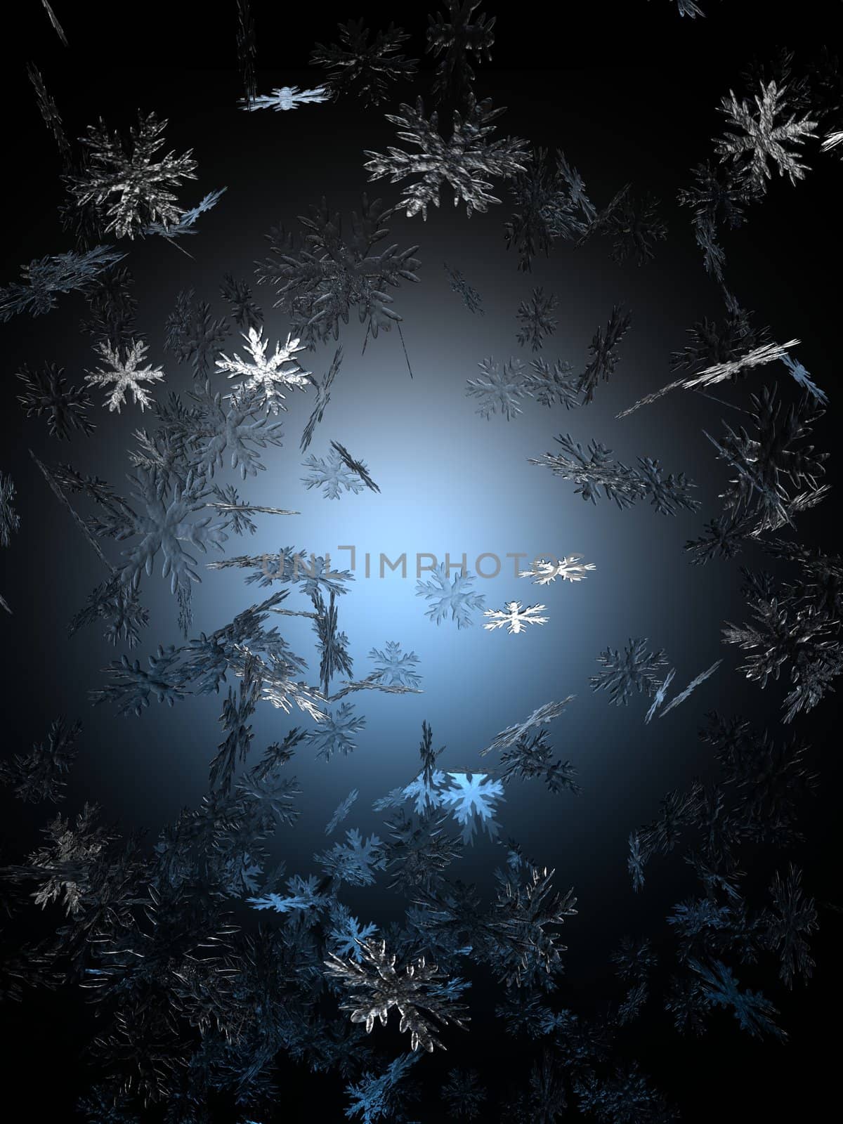 An image of snowflakes falling against a black backdrop with a blue glow in the center.