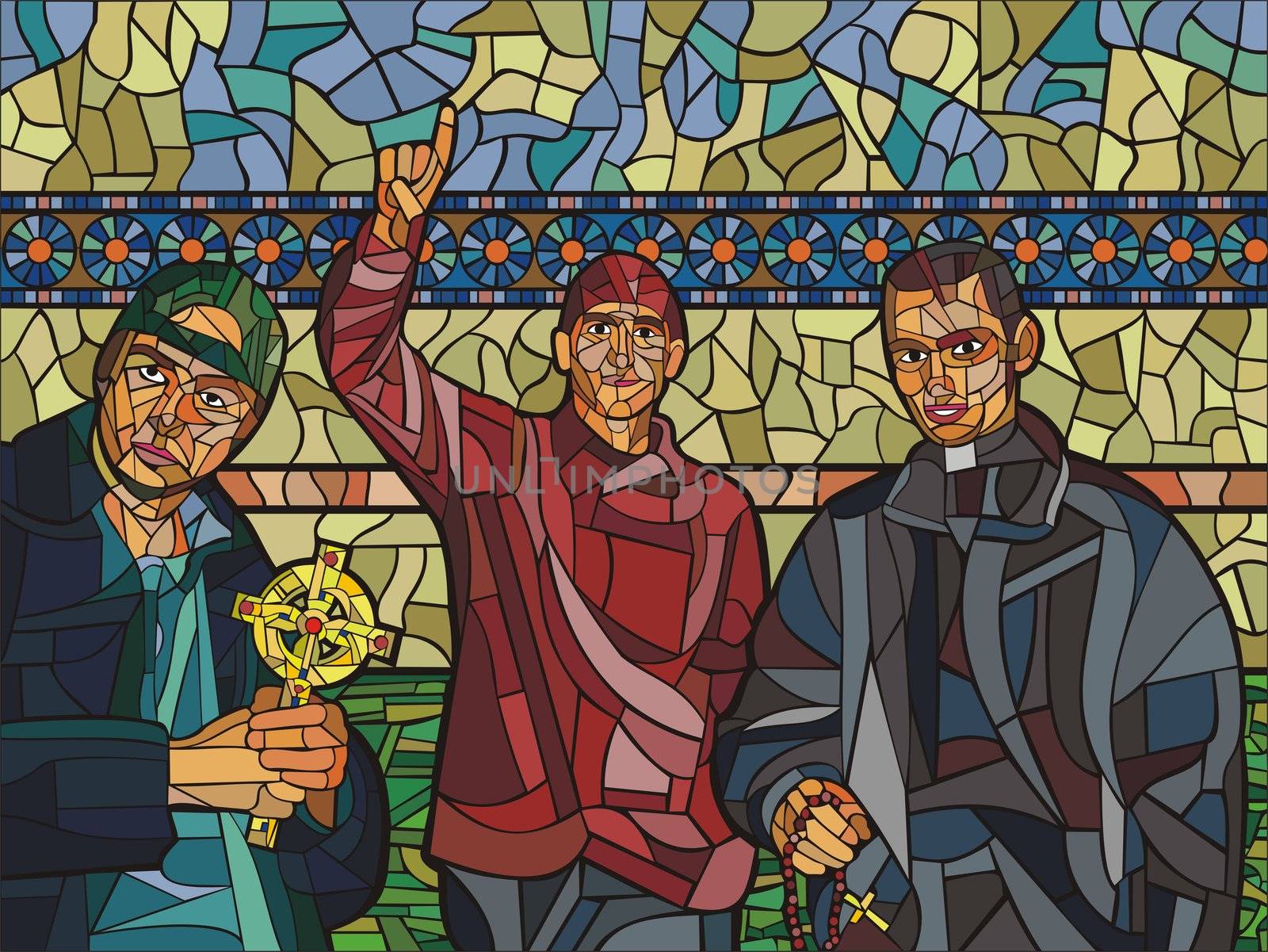 three young priests; one priest is holding a decorated cross, another is holding a chaplet, and the third one is pointing to the sky. mosaic illustration made on computer,