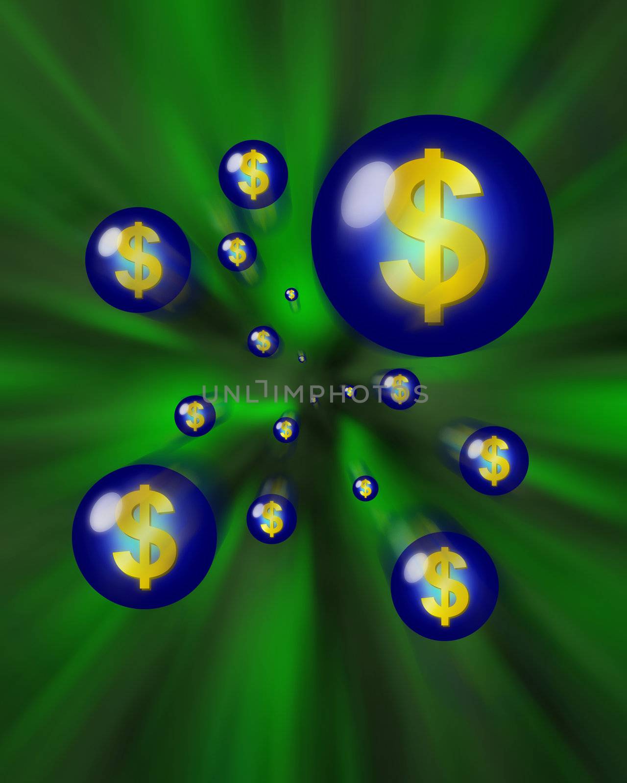 Dollar signs in orbs flying through a vortex
