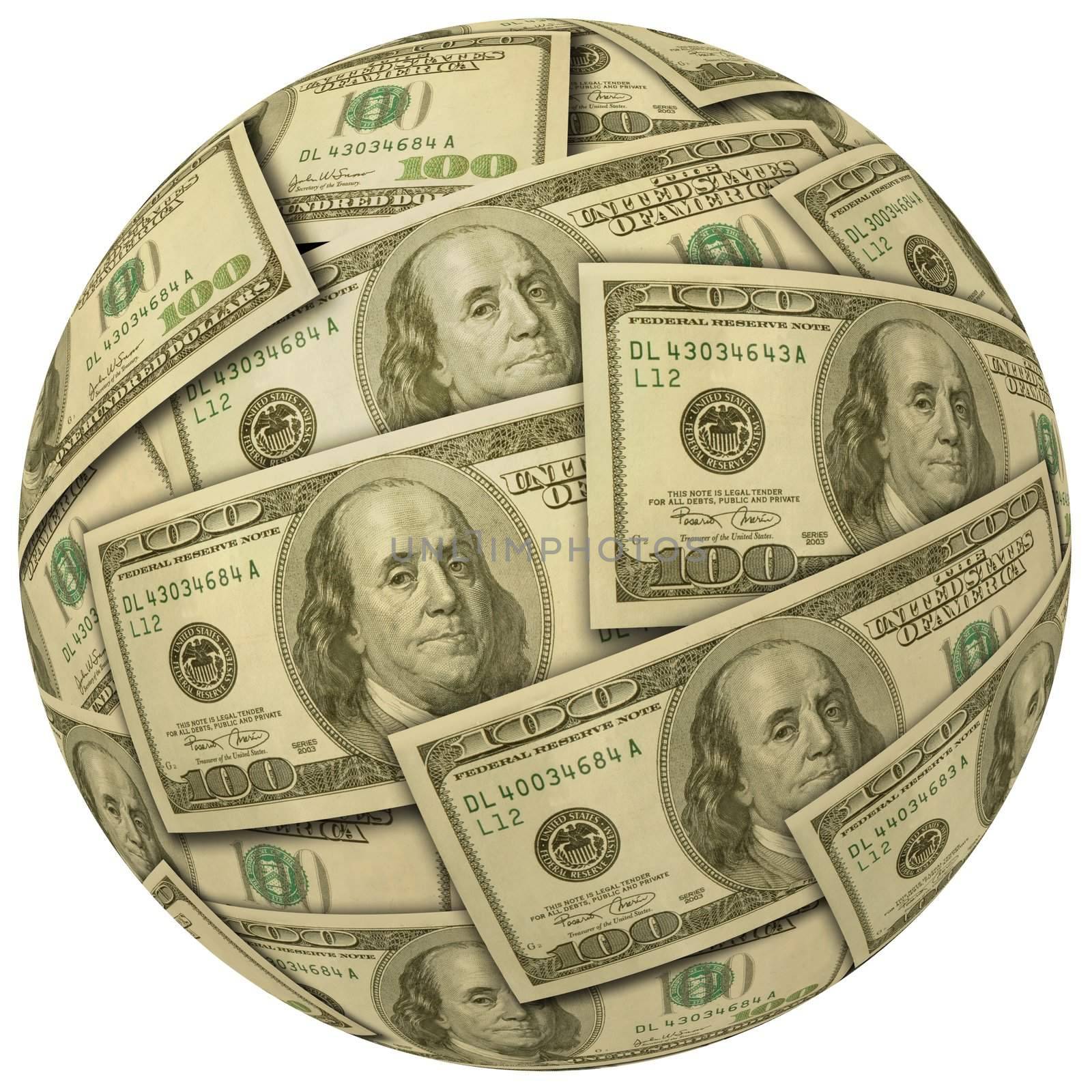 Cash Ball or sphere of $100 banknotes