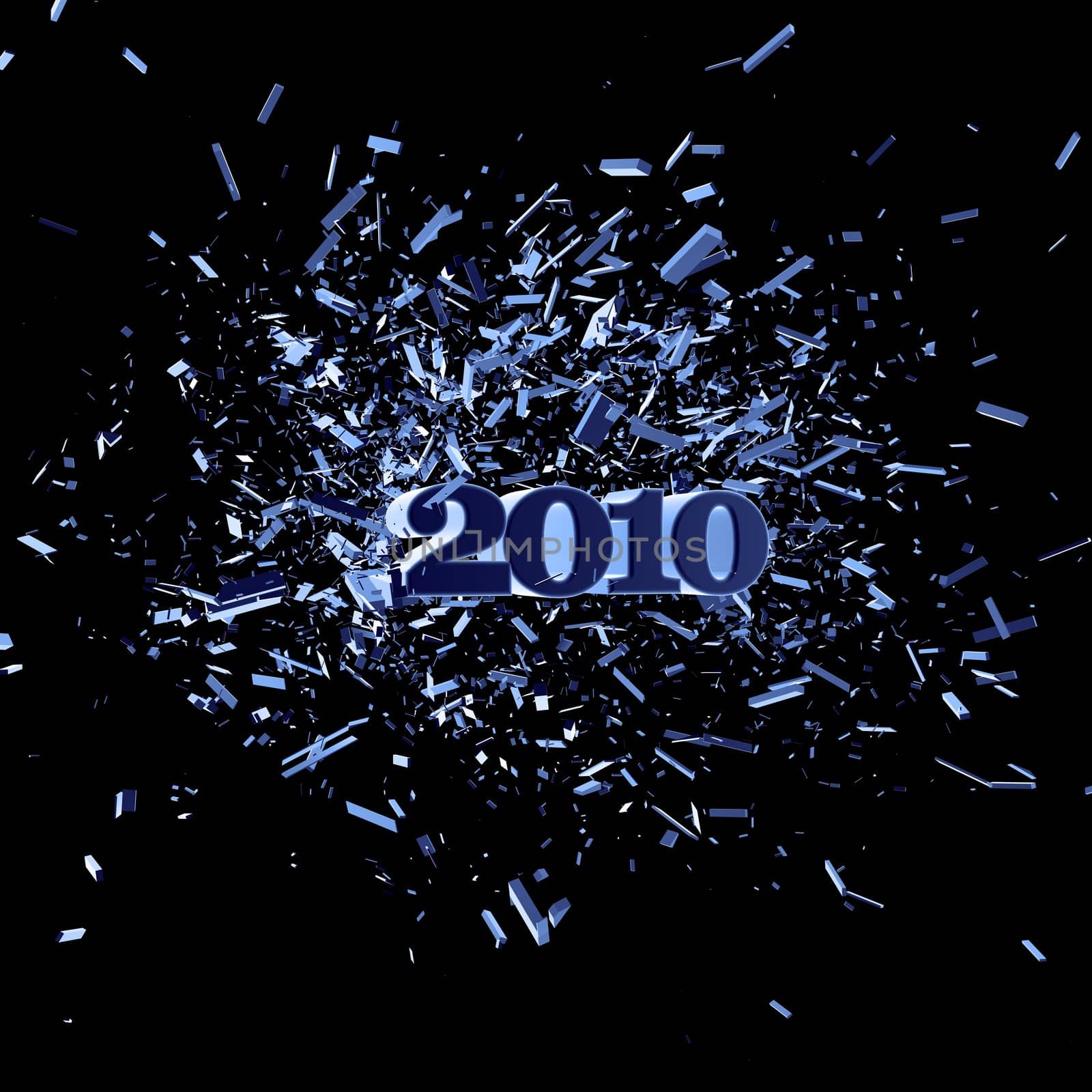 exploding year 2010 on black background - 3d illustration