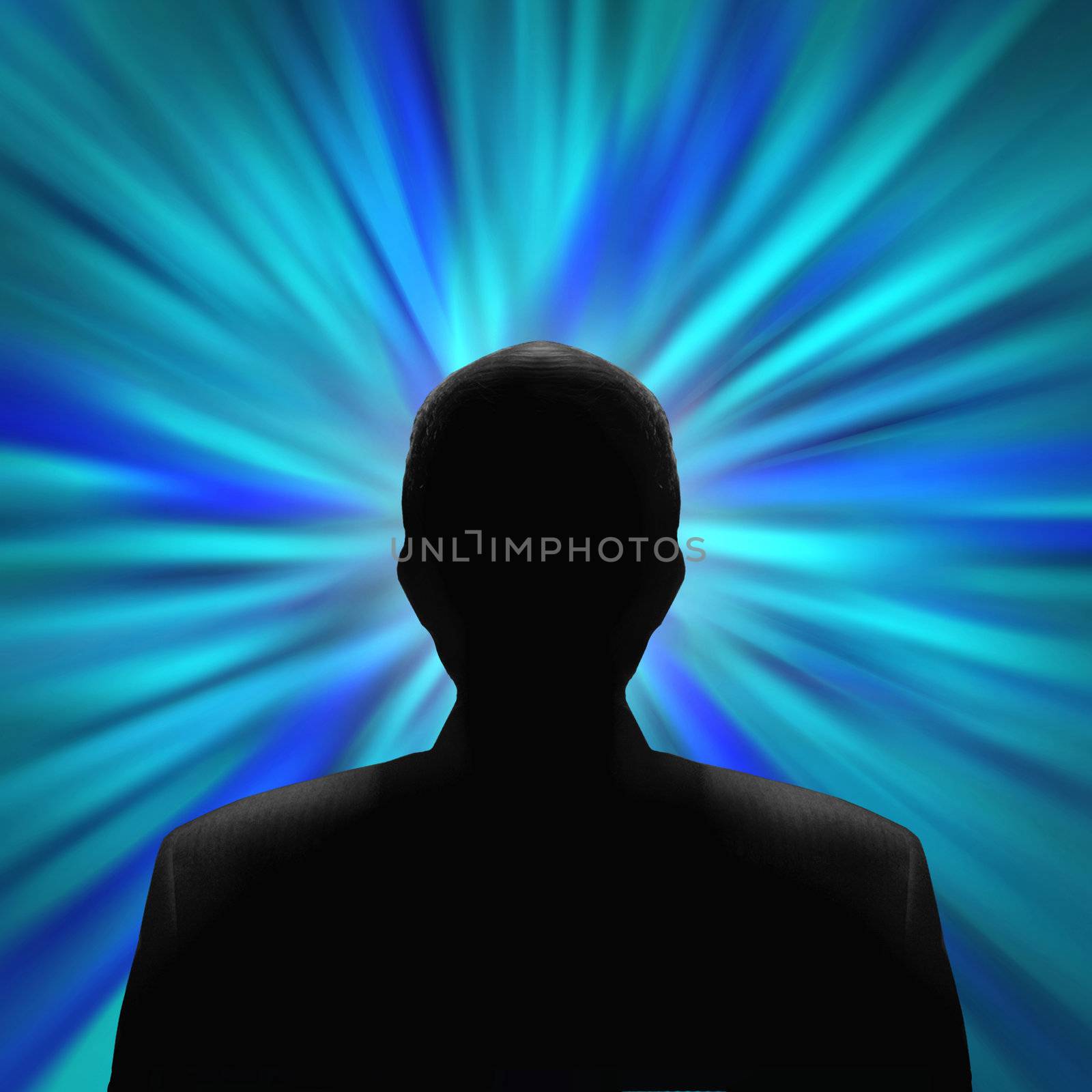 Black silhouette of a mysterious man in front of a blue vortex