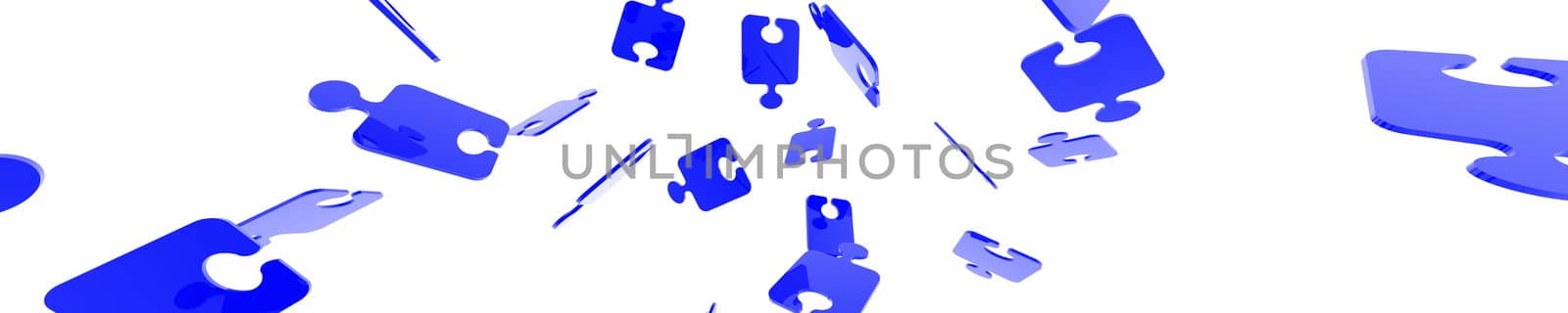 An illustration of floating blue puzzle pieces rendered in fish eye mode to give the image a dynamic, moving effect. The dimensions are very large.