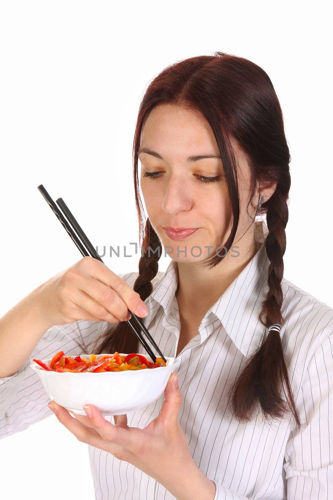 Beautiful woman eating with chopsticks, chinese food