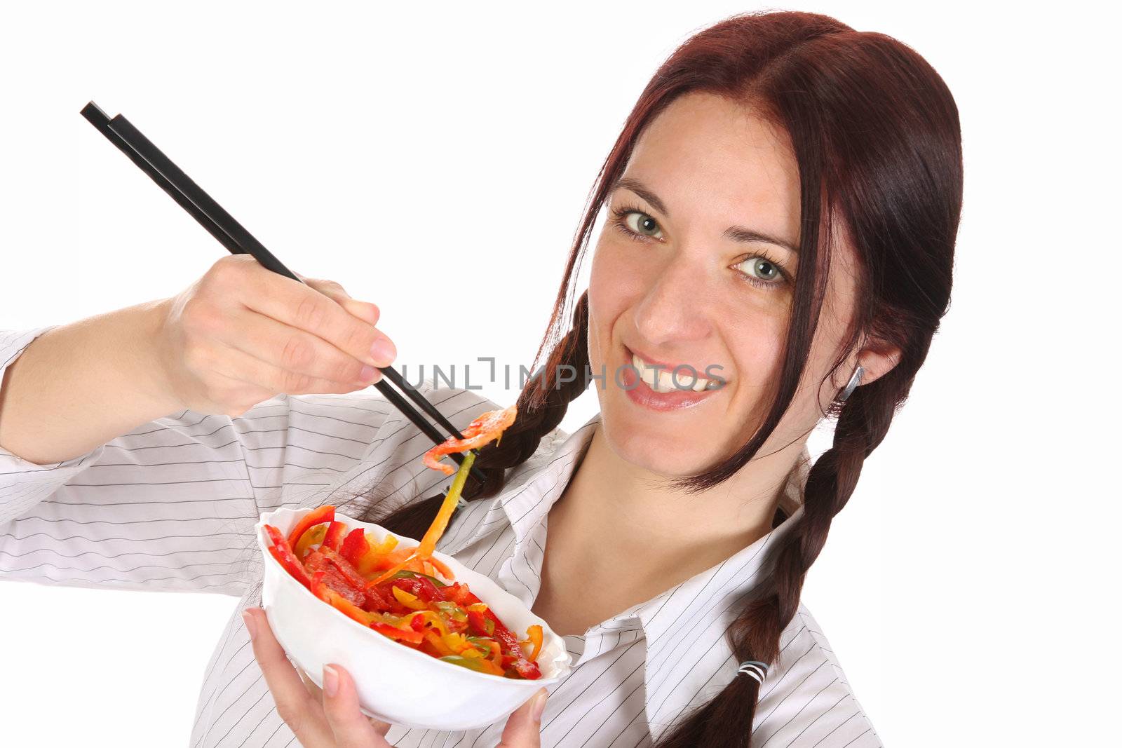 Beautiful woman eating with chopsticks, chinese food