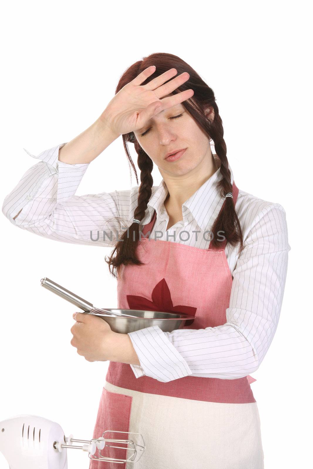 tired housewife preparing with egg beater on white  background
