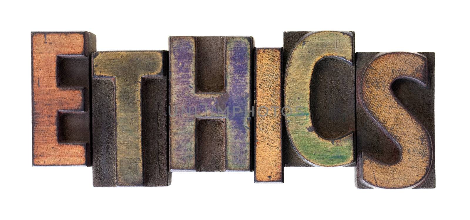 ethics word in vintage wooden letterpress type by PixelsAway