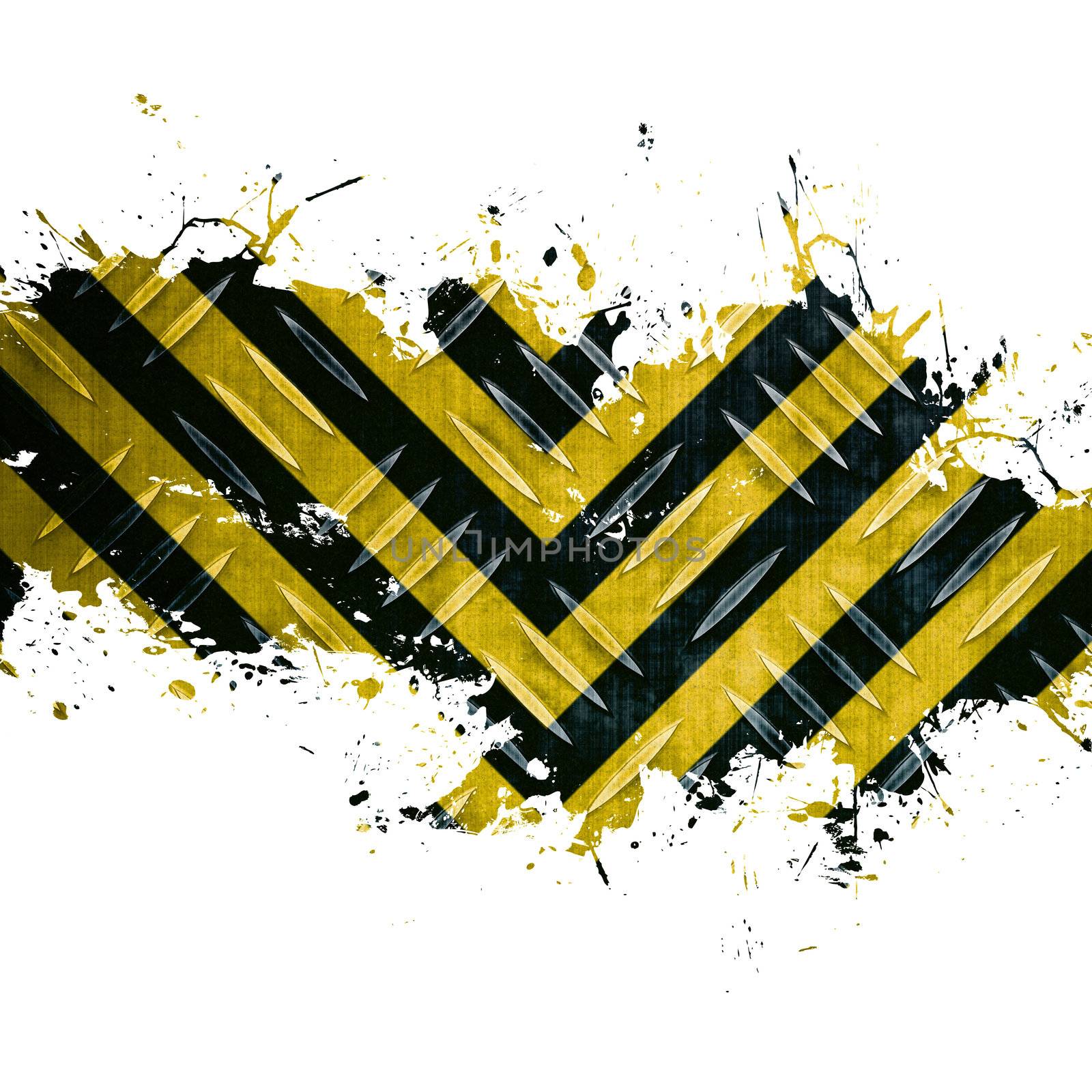 A hazard stripes background with grungy splatter and diamond plate textures isolated over white.