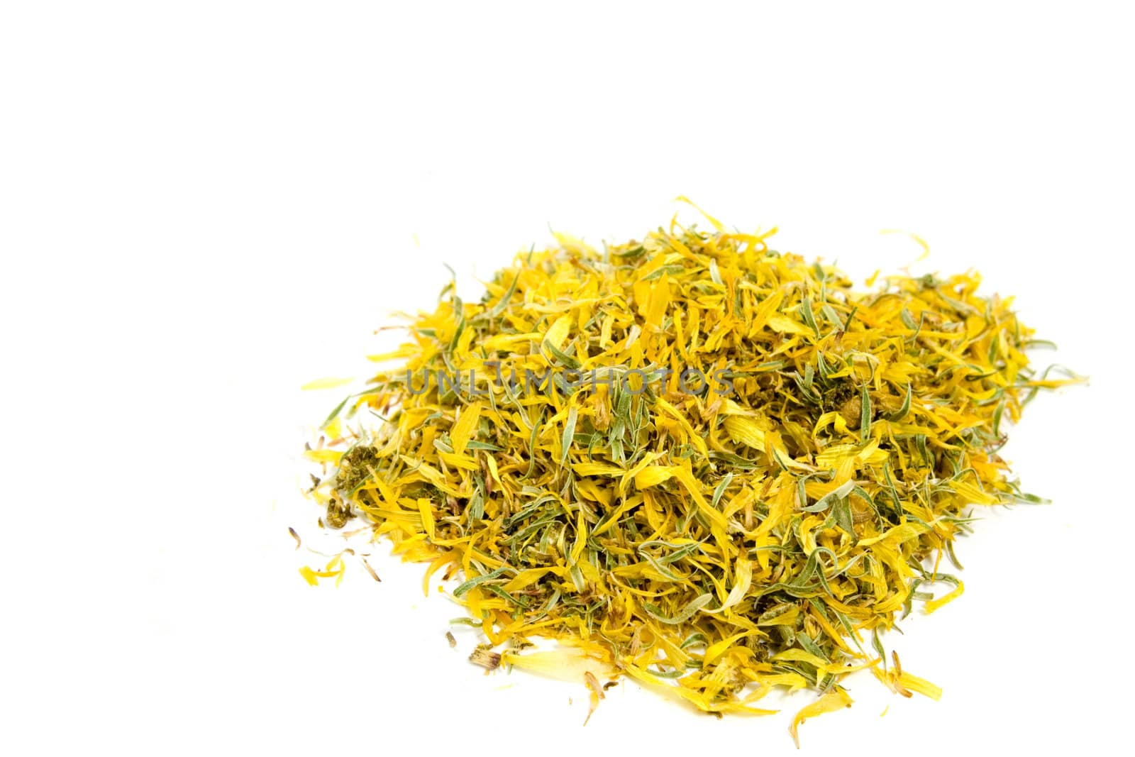 dry calendula (pot marigold) tea on white background