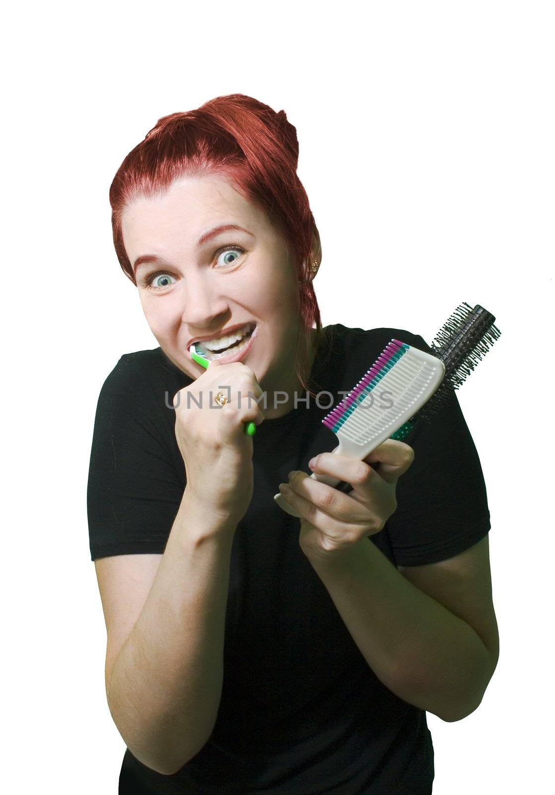 Funny woman with combs on white background.