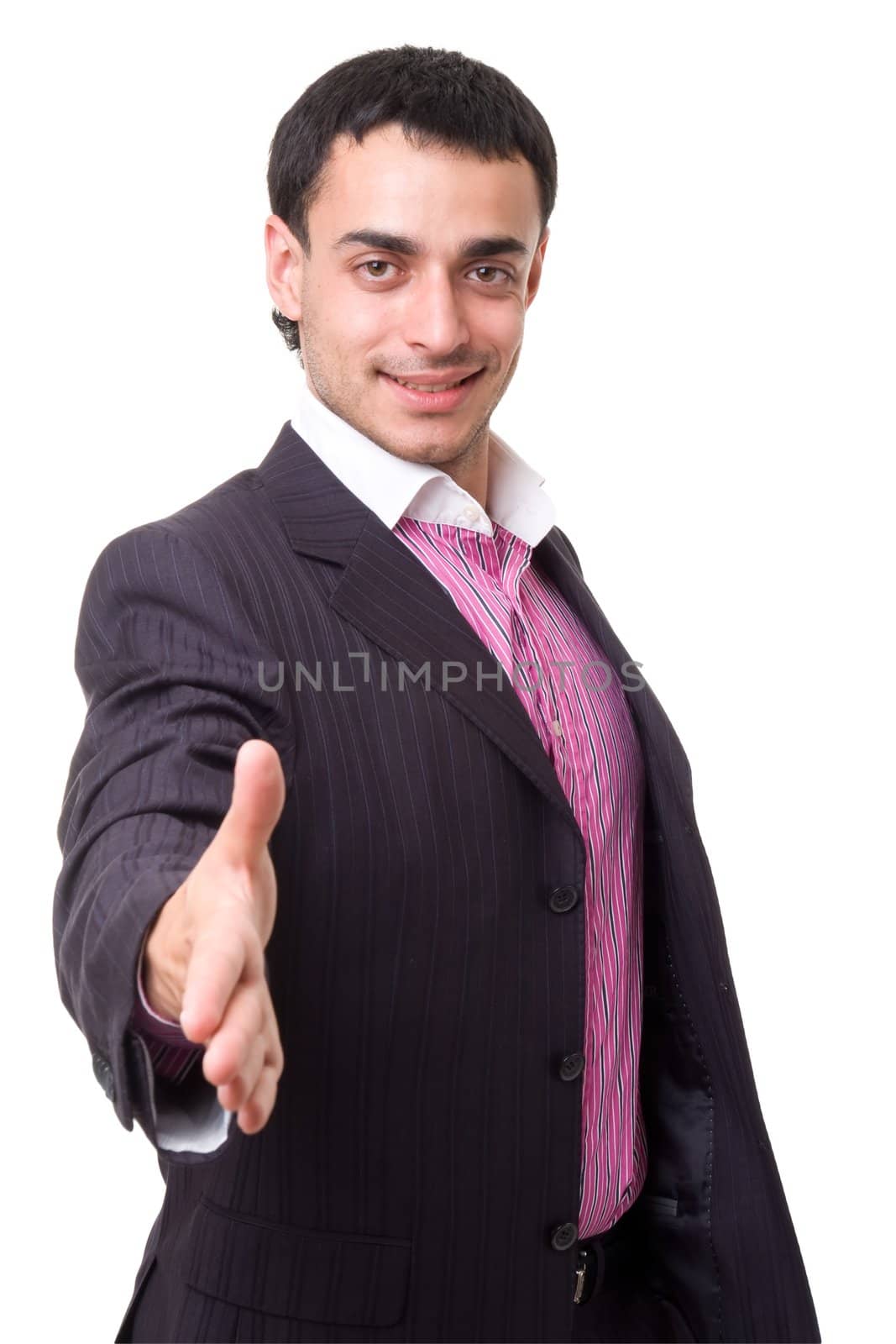 Greeting. Pleased to meet you. Businessman on a white background.