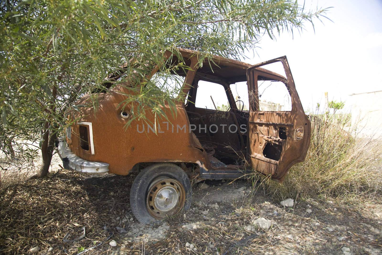 dilapidated and rusty old car at the country