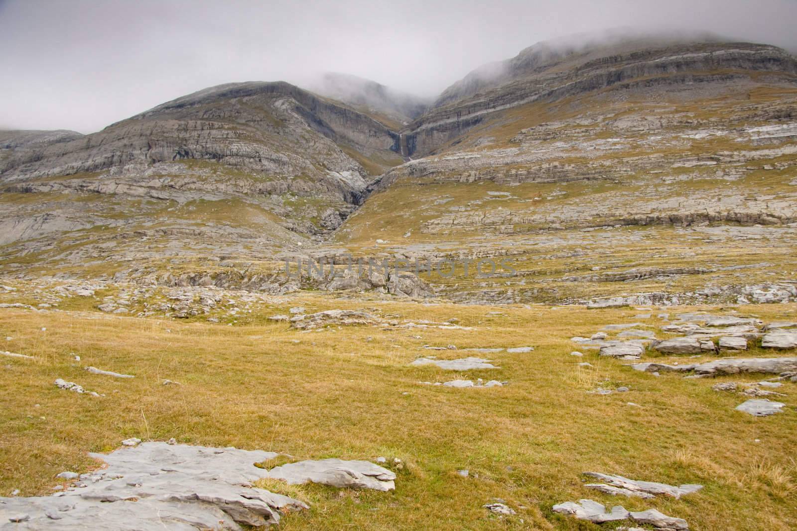 Pattern wall in mountain - Ordesa National Park - Spain. Autumn rainy day.