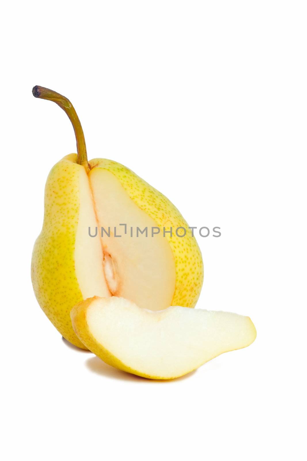 Cut pear and slice, isolated on a white background.