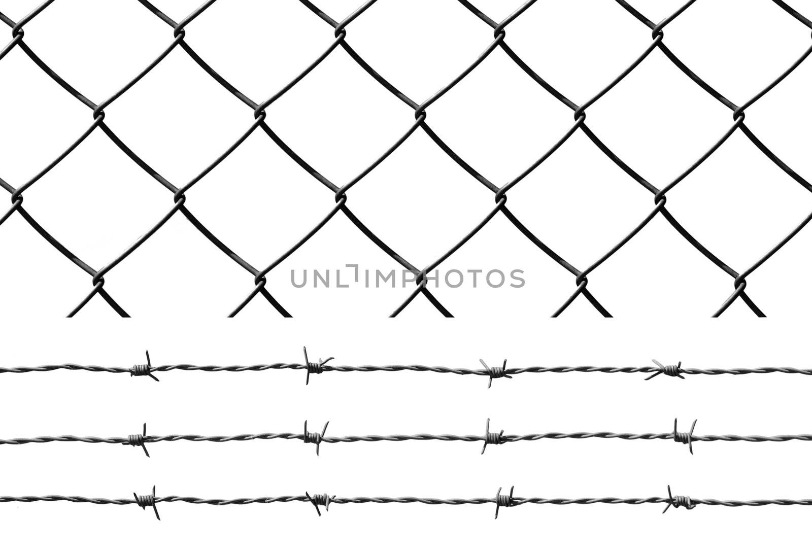 Barbed wire and wire fence isolated over white